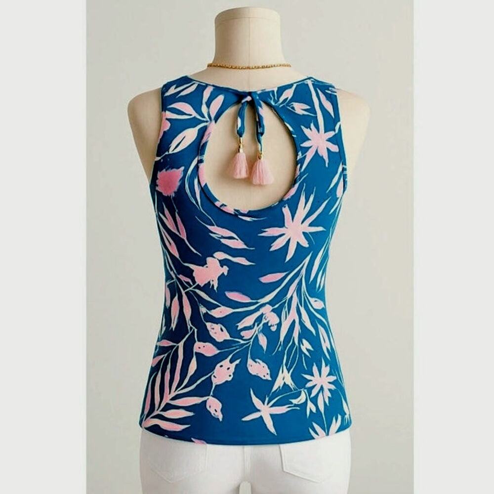 Lilly Pulitzer Noemi Tank Top Tidal Wave Teal Pink Tassel Back Keyhole Size XXS